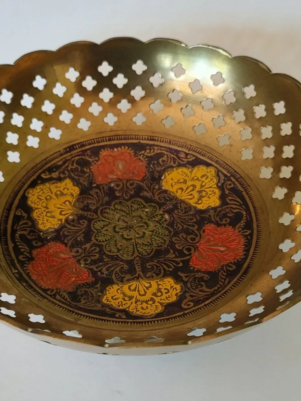 Vintage Indian Brass Pedestal Bowl Pierced Woven Design Enameled Floral Center